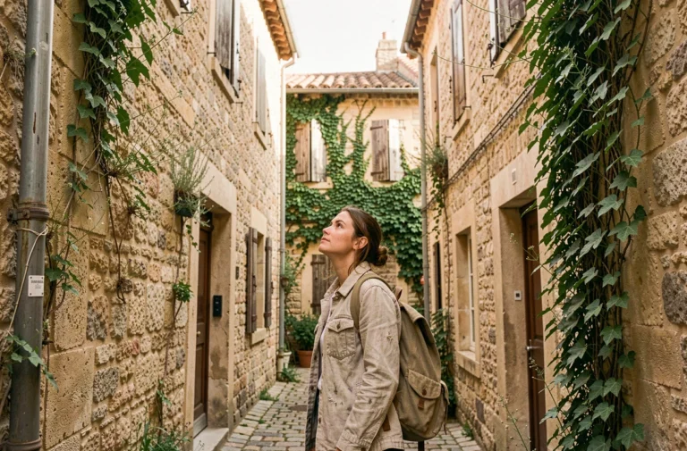 Voyageuse explorant une ruelle médiévale pavée aux murs de pierre couverts de lierre dans un village du sud de la France
